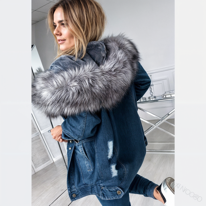 Damska kurtka jeansowa z kołnierzem ze sztucznego futerka