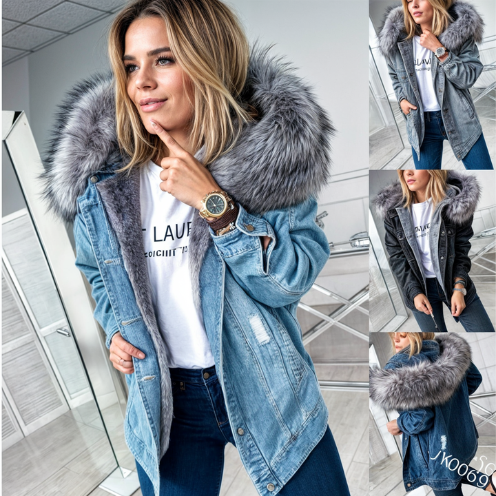 Damska kurtka jeansowa z kołnierzem ze sztucznego futerka